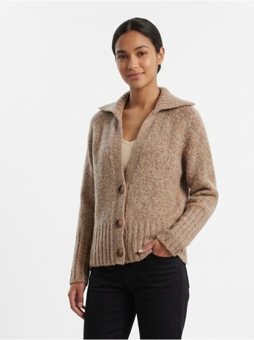 Jones New York Sport Wool Blend Chunky Knit Collar Button Cardigan Medium
